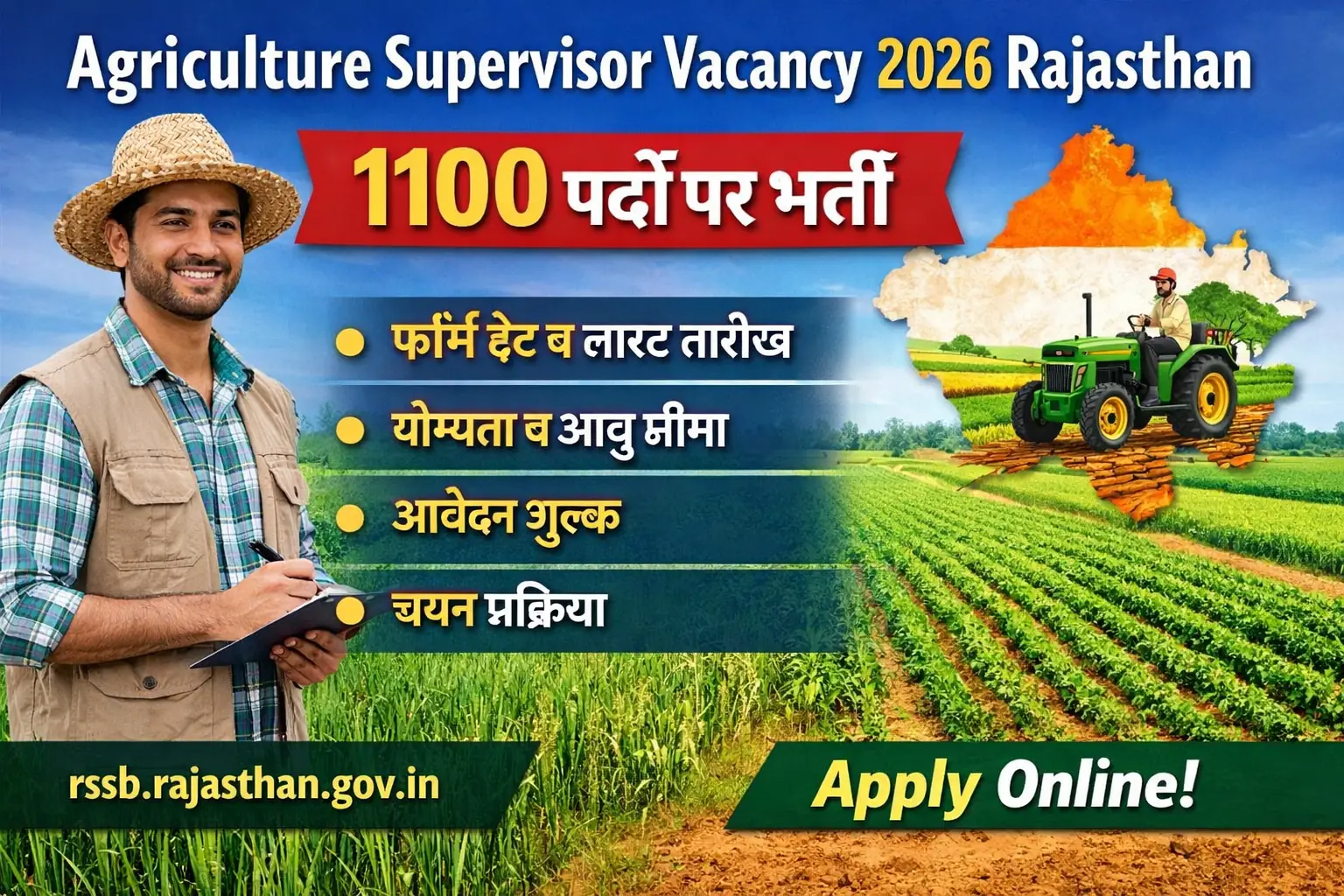 Agriculture Supervisor Vacancy 2026 Rajasthan – 1100 पदों पर RSSB कृषि पर्यवेक्षक भर्ती, ऑनलाइन आवेदन शुरू