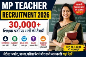 MP Teacher Recruitment 2026 featured image showing 30000+ teacher vacancies, MP Teacher Notification 2026, MP TET 2026, eligibility, online form and salary updates.